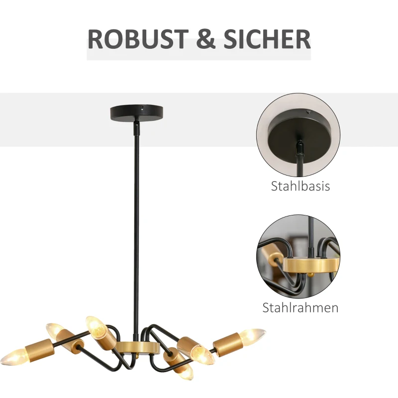 HOMCOM Kronleuchter Hängelampe Chandelier 6-flammig höhenverstellbar Pendelleuchte Deckenleuchte  Industrial mit E27 Lampenfassung für Wohnzimmer Schlafzimmer Metall Schwarz+Gold Ø48 x 120 cm