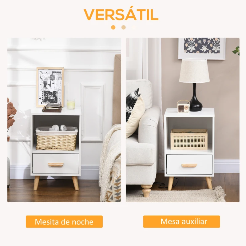 HOMCOM Mesita de Noche con 1 Cajón y Estante Mesa Auxiliar de Estilo Nórdico para Salón Dormitorio 40x40x62 cm Blanco