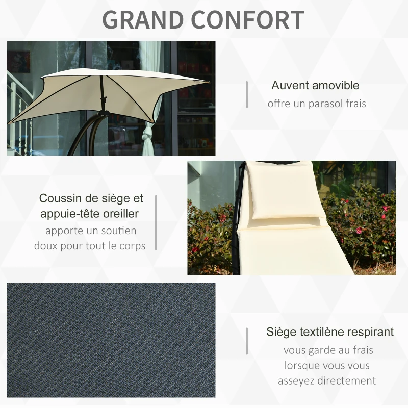 Outsunny Bain de Soleil transat à Bascule Design Contemporain avec Pare-Soleil, Matelas Grand Confort, tétière métal époxy Noir Polyester crème