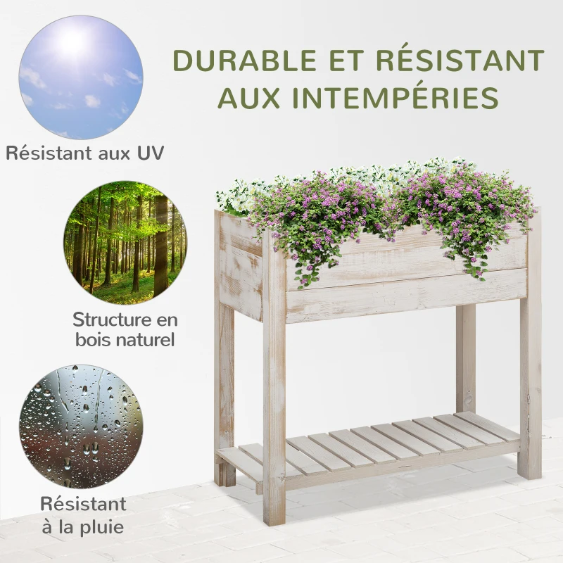 Outsunny Jardinière sur Pieds carré Potager avec étagère dim. 80L x 40l x 78H cm 4 Compartiments Bois Sapin Blanc Effet Vieilli