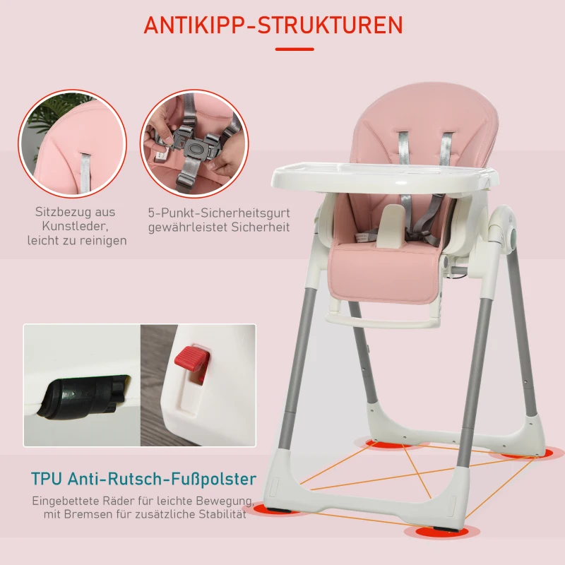 HOMCOM Hochstuhl Baby Babystuhl mit Fußstütze Kinderhochstuhl Tisch mit abnehmbarem Tablett höhenverstellbar und klappbar für 6-36 Monate PP Stahl Rosa 55 x 80 x 104 cm