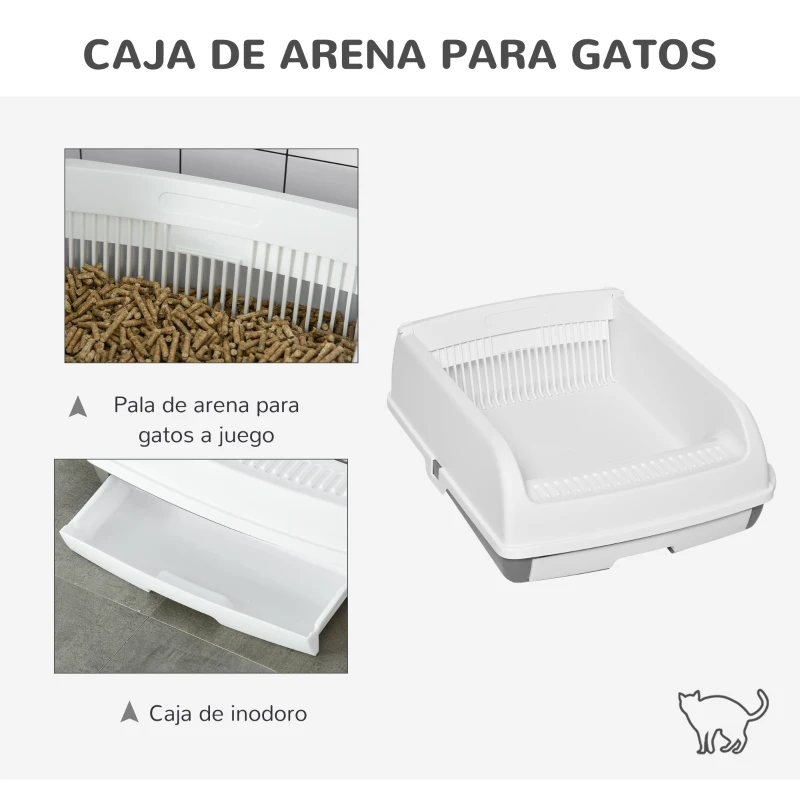 PawHut Bandeja Higiénica para Gatos Arenero Abierto con Botón Pala Bandeja Extraíble y Bordes Altos 62x46,5x19,5 cm Blanco