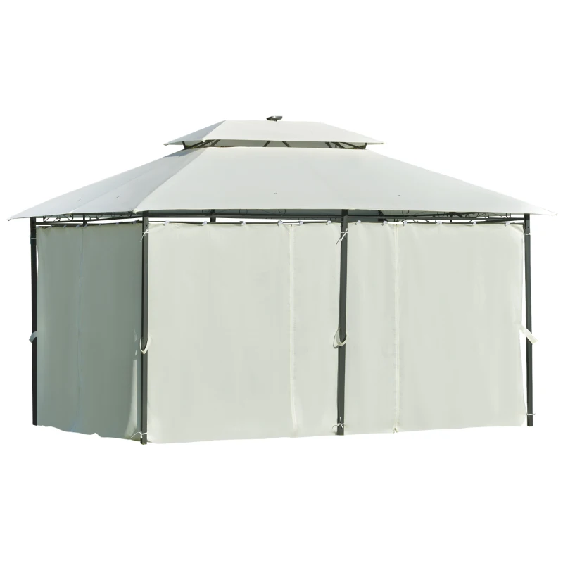 Outsunny Gartenpavillon 4 x 3m Pavillon Gartenzelt mit Seitenwänden, Festzelt mit Doppeldach, Partyzelt mit LED Licht, UV-Schutz, Stahl Polyester Cremeweiß