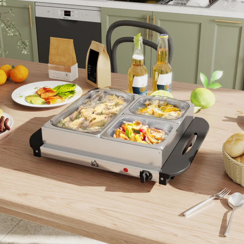 HOMCOM 4.5L Stainless Steel Electric Buffet Server, with 3x Trays and Lids