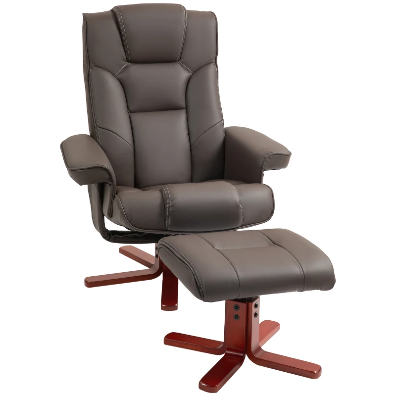 HOMCOM Sillón Reclinable con Reposapiés Tapizado en PU y Estructura de Madera Carga 150 kg Butaca para Dormitorio Marrón
