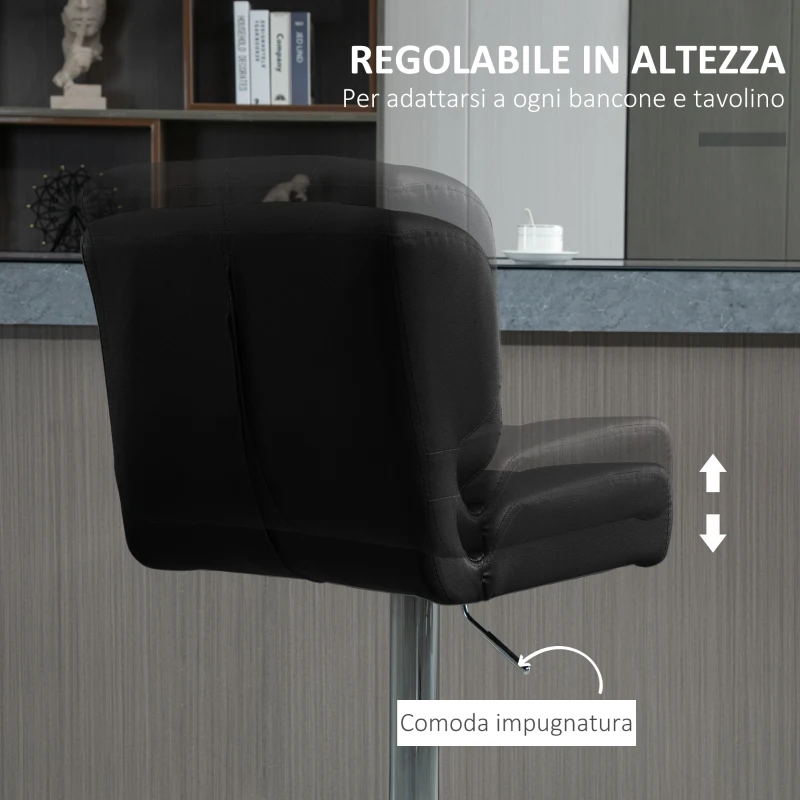 HOMCOM Set 2 Sgabelli da Bar Girevoli e Imbottiti in Pelle PU Nera con Schienale e Poggiapiedi, Altezza Regolabile, per Cucina o Pub, 50x55.5x93-114cm