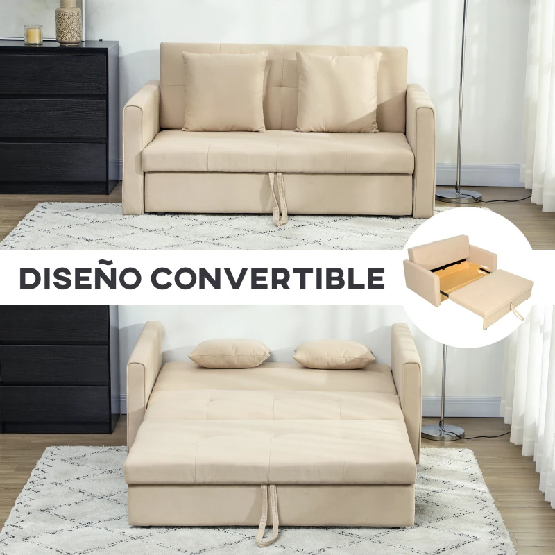 HOMCOM Sofá Cama de 2 Plazas Tapizado en Algodón con 2 Cojines Desmontables y Base de Almacenaje 152x101x81 cm Beige