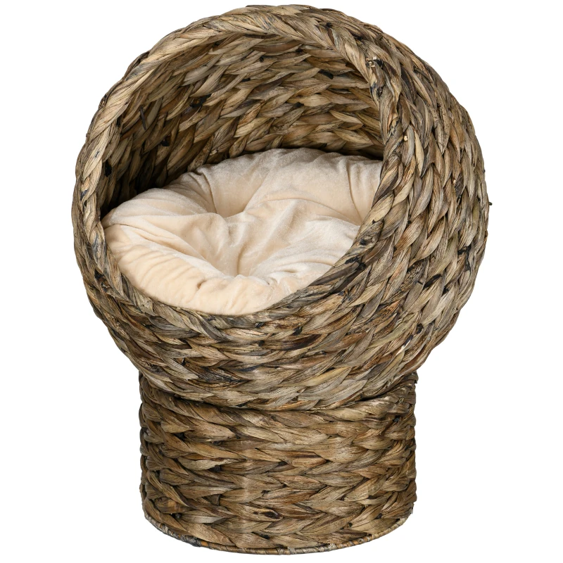 PawHut Rattan Katzenkorb Katzenhöhle Katzenhütte Katzenbett mit Kissen Haustierbett Wasserhyazinthe Kaffee 40 x 37 x 51 cm