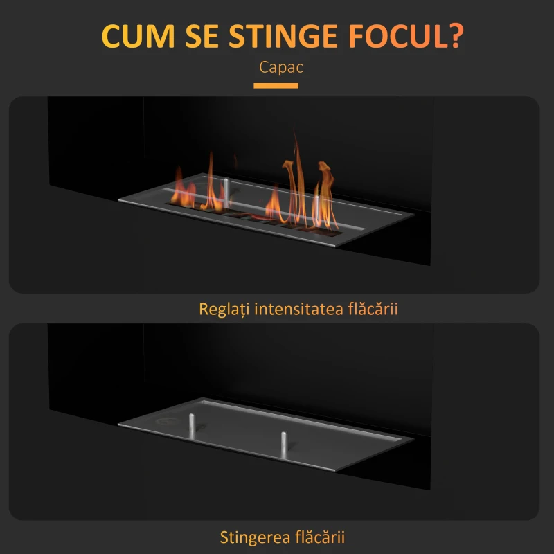 HOMCOM Șemineu pe Bioetanol 0,9L pentru Durată de 3,3 Ore, Șemineu Încorporabil din Oțel și Sticlă, 66x16x52 cm, Negru