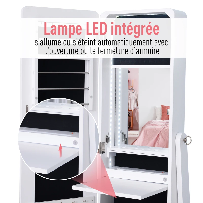 HOMCOM Armoire à bijoux avec miroirs à pied multi-rangements inclinaison réglable serrure éclairage LED intérieur dim. 30L x 36l x 146H cm blanc