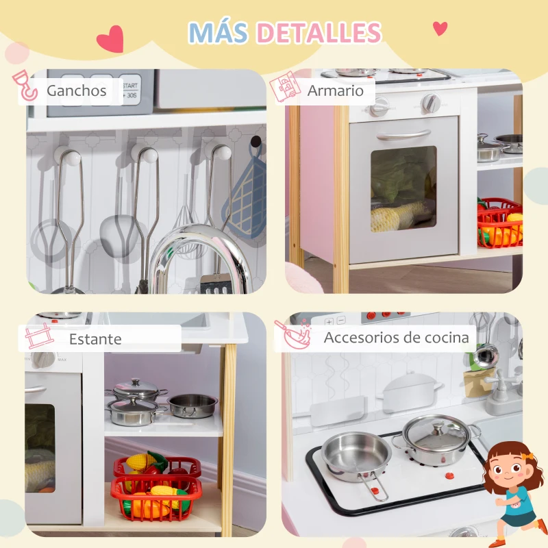 AIYAPLAY Cocina Infantil de Madera para Niños de +3 Años con Altura Ajustable Luz y Sonidos 60x30,5x93,2 cm Blanco