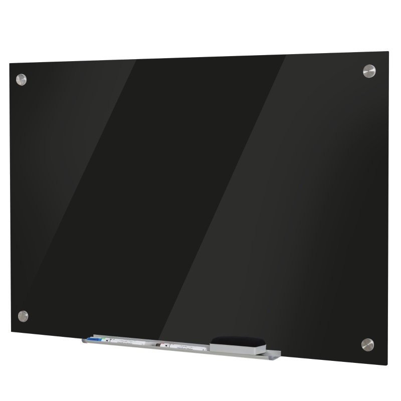 Vinsetto Pizarra de Cristal con Bandeja Pizarra de Pared sin Marco Incluye 4 Rotuladores y Borrador 90x60x0,45 cm Negro
