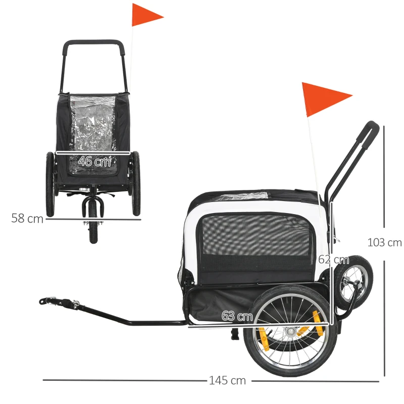 PawHut Remorque vélo jogger 2 en 1 pour animaux de compagnie drapeau roue avant pivotante réflecteurs noir