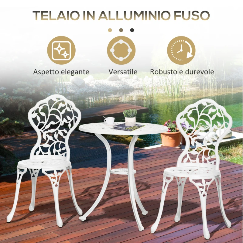 Outsunny Set da Giardino 3 Pezzi in Alluminio Bianco, 2 Sedie da Esterno 45x42x85.5 cm e Tavolino Rotondo Ø61x66.5 cm