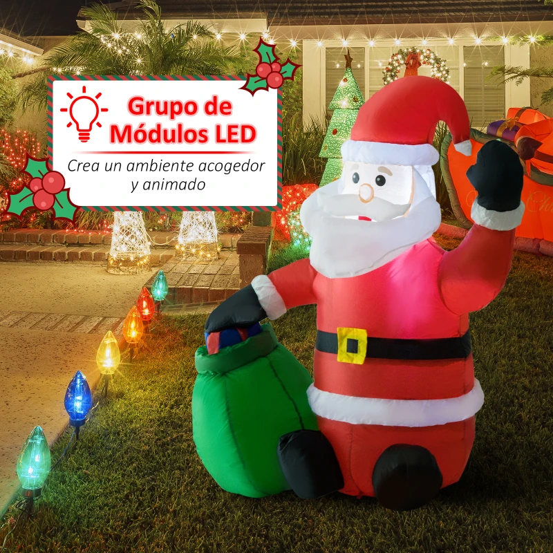 HOMCOM Papa Noel Inflable 70x45x120cm Luces LED + Bolsa Regalo Decoracion Navidad Santa