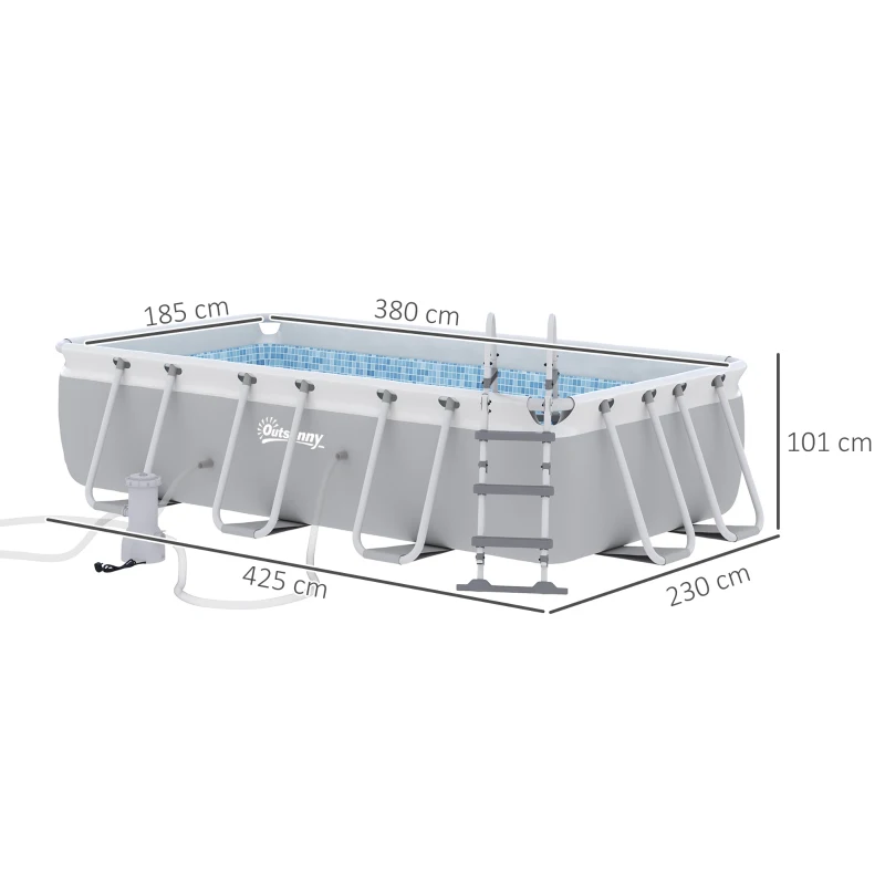 Outsunny Piscine rectangulaire hors-sol tubulaire avec échelle, pompe et filtre, acier et PVC - 425L x 230l x 101H cm, gris