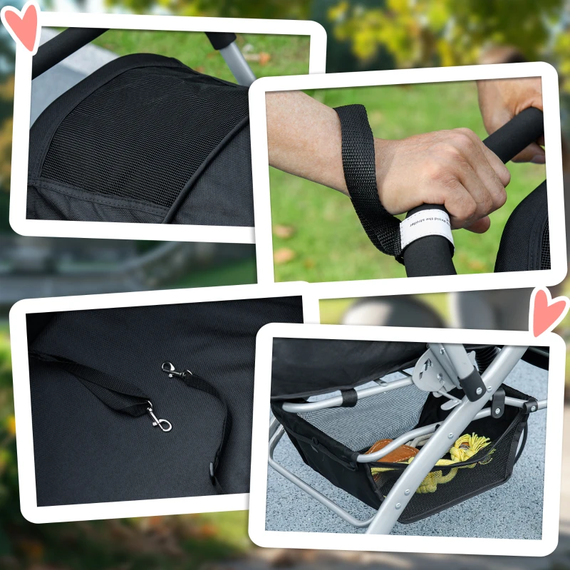 PawHut Poussette buggy pliable chien chat panier et sac de rangement attaches sécurité housse réglable acier Oxford noir