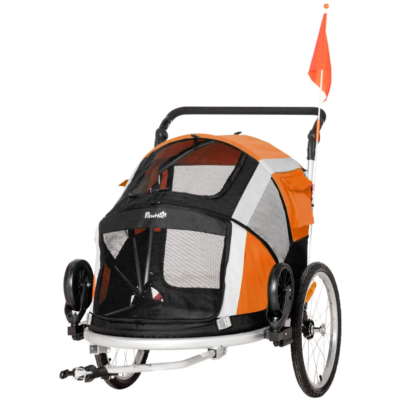 PawHut Dog Bike Trailer 2-in-1 Pet Stroller for Large Dogs Cart Foldable Bicycle Carrier Aluminium Frame with Safety Leash Hitch Coupler Reflector Flag Orange