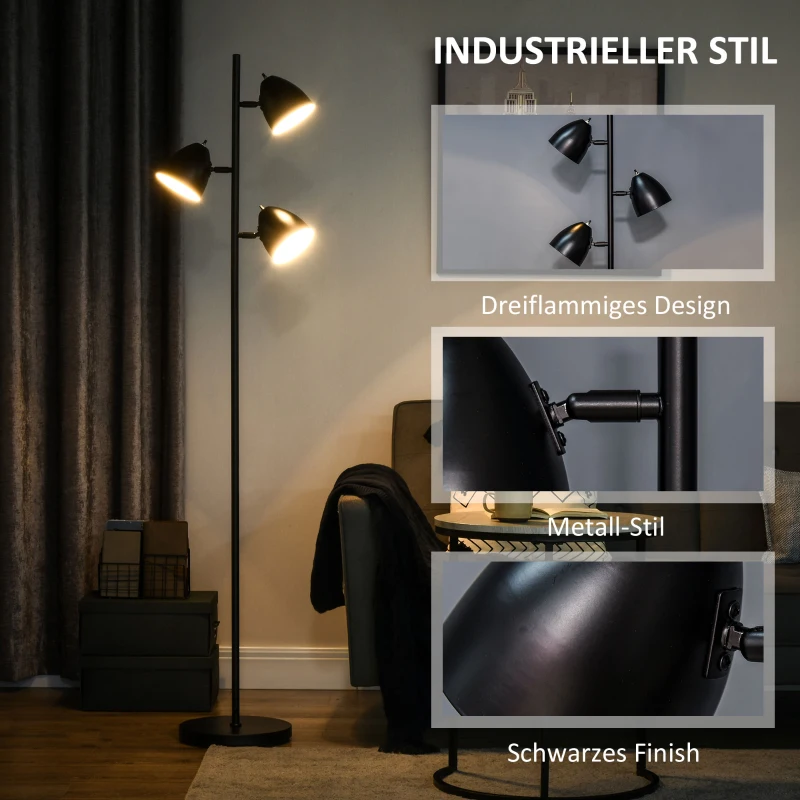 HOMCOM Stehlampe, Bodenlampe, 3 einstellbare Schirme, Metall, Schwarz