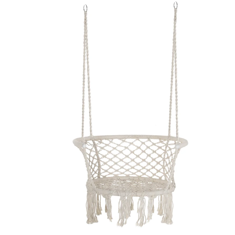 Outsunny Amaca da Giardino in Stile Boho Chic, Sedia Sospesa in Poliestere e Macramè per Interni ed Esterni, Crema, 80x60x36cm