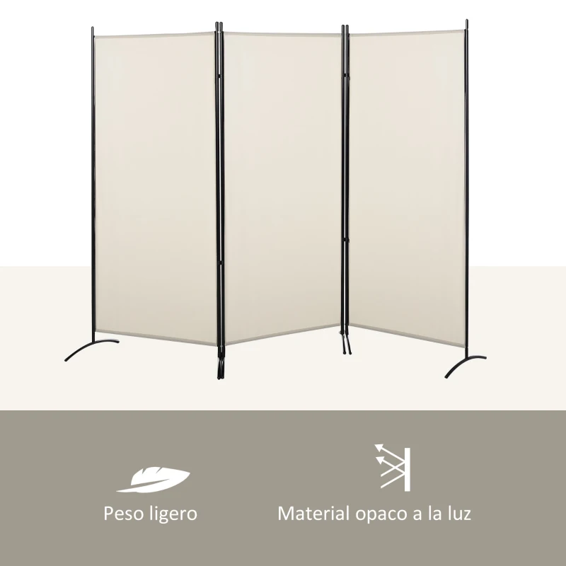 HOMCOM Biombo Separador de Ambientes de 3 Paneles 253x50x182 cm Divisor de Habitación Plegable con 6 Pies de Metal Beige