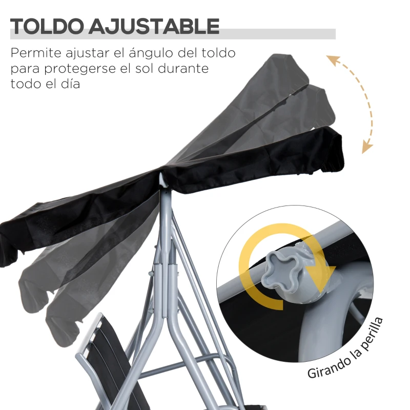 Outsunny Balancín Jardín Exterior Columpio Exterior de 3 Plazas con Toldo Ajustable Respaldo Transpirable y Marco de Metal para Terraza Balcón Carga 240 kg 171x108x154 cm Negro
