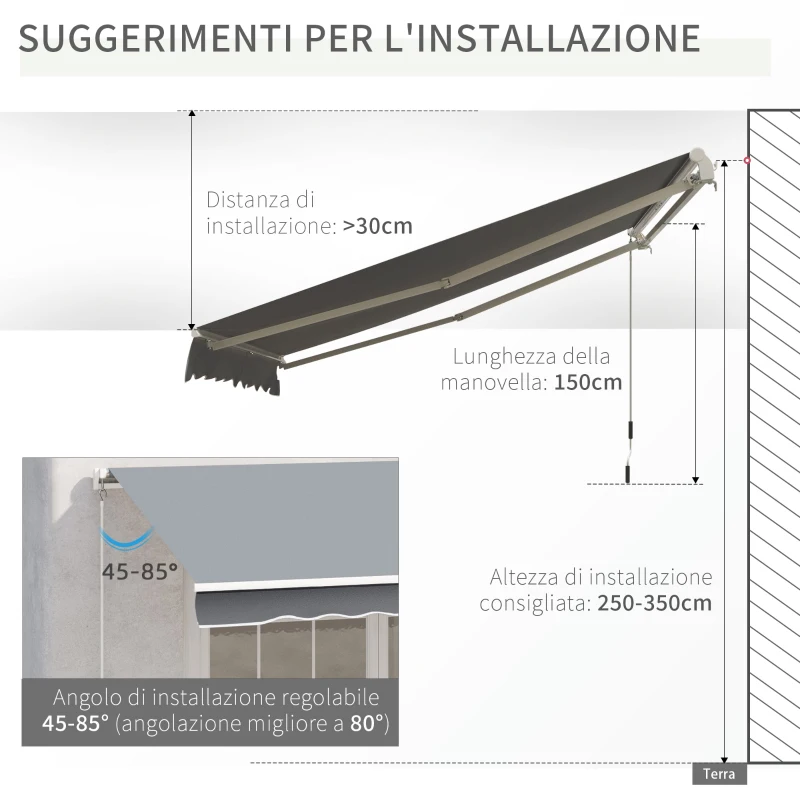 Outsunny Tenda da Sole per Esterno Avvolgibile a Manovella in Metallo e Alluminio, 395x245 cm, Grigio