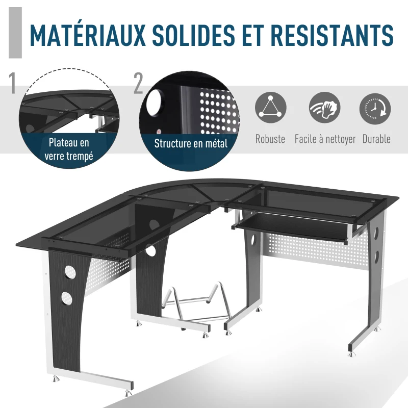 HOMCOM Bureau d'Angle en Verre Fumé Trempé Noir