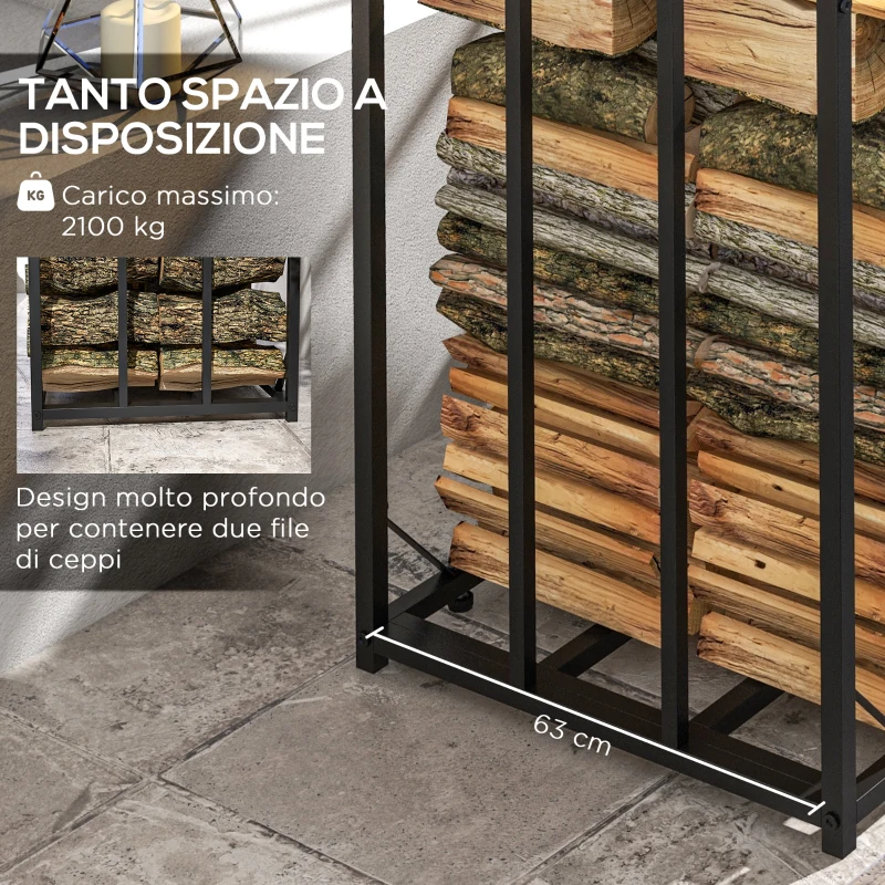 Outsunny Legnaia da Esterno in Metallo con Tetto in Policarbonato, Capacità 2100kg, 185x67x185, Nero