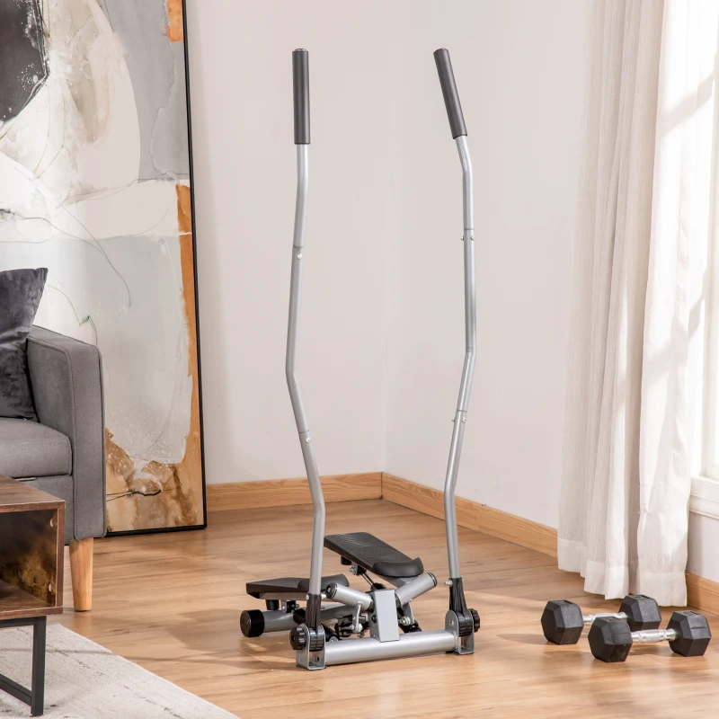HOMCOM Stepper Fitness con Maniglia e Bande Elastiche, Stepper con Monitor LCD per Allenamento a Casa e Palestra, Argento
