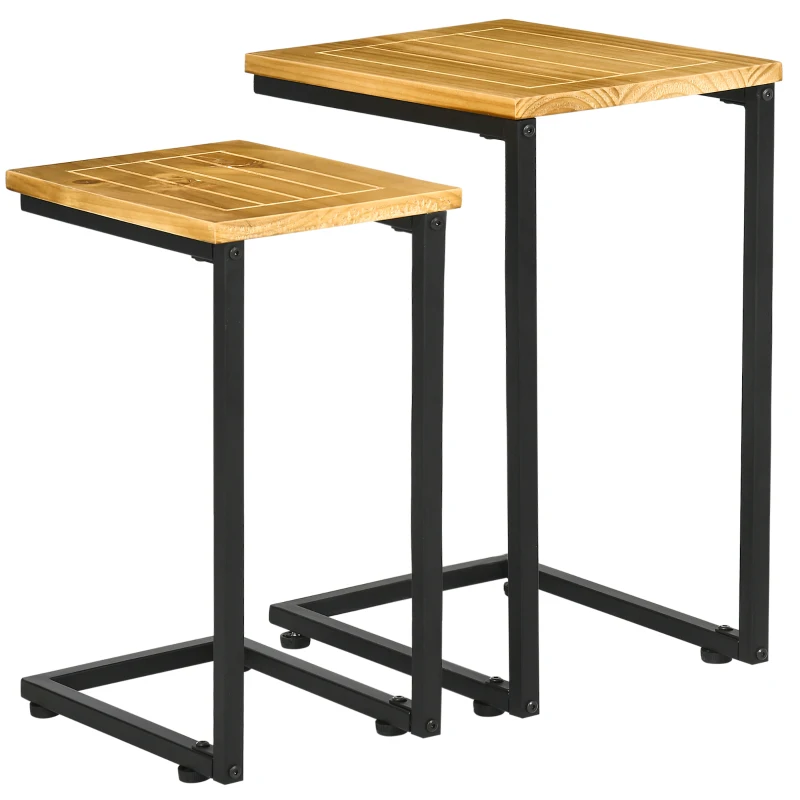 Outsunny Set 2 Tavolini da Giardino a C in Metallo e Legno di Pino con Design Impilabile, 40x30x60 cm
