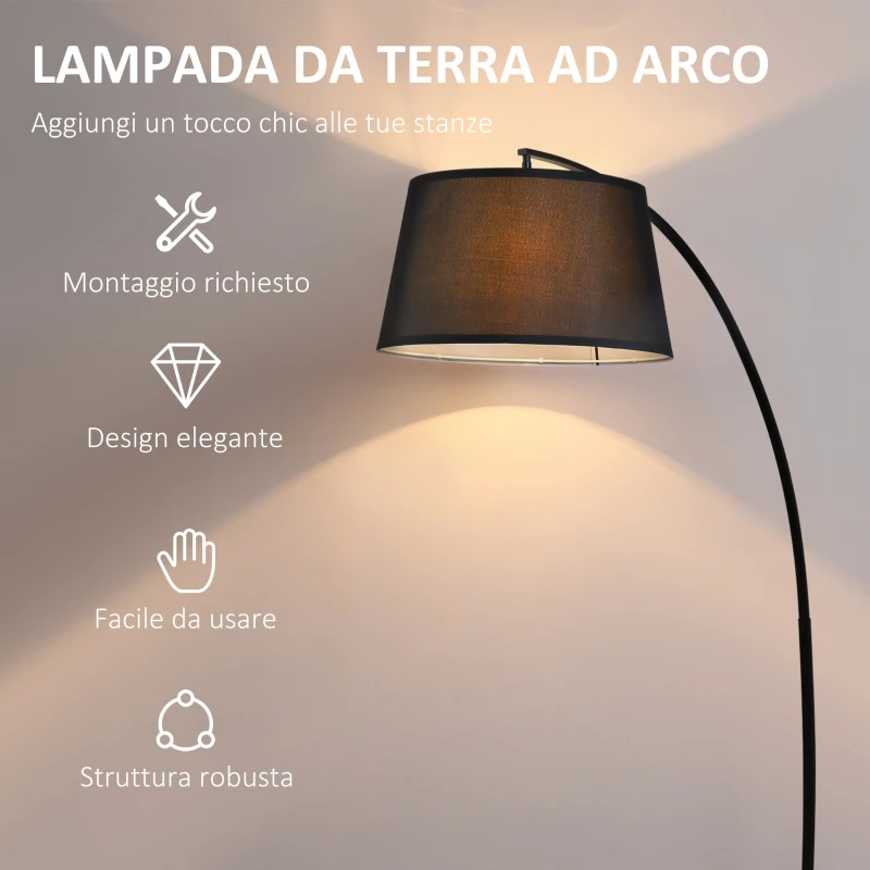 HOMCOM Lampada da Terra ad Arco con Paralume in Tessuto e Interruttore a Pedale, Ø47x105x190cm, Nera