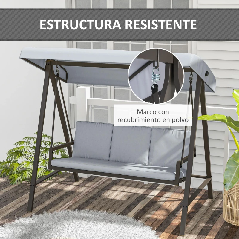 Outsunny Balancín de Jardín de 3 Plazas Columpio Exterior Jardín con Toldo Ajustable Cojines Extraíbles 200x125x175 cm Gris