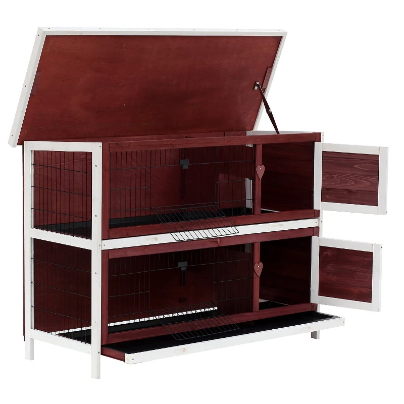 PawHut Clapier sur pieds cage à lapin double niveau plateaux excréments coulissants 4 portes verrouillables toit ouvrant 136L x 50l x 93H cm rouge brique