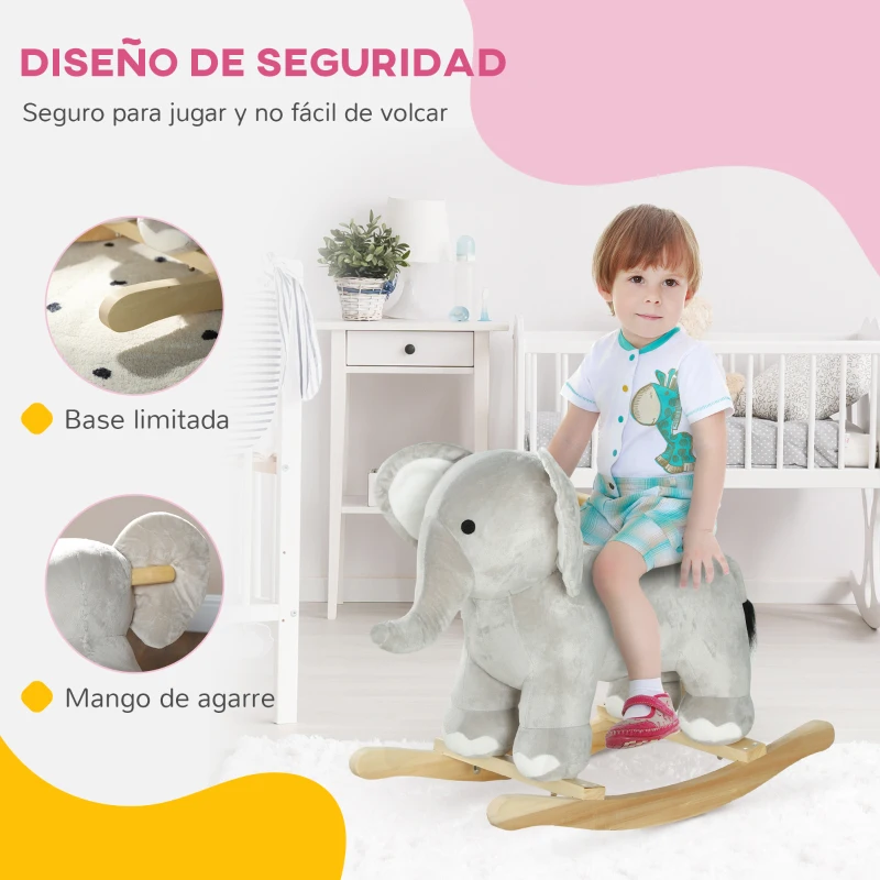 AIYAPLAY Caballo Balancín para Niños de 2-4 Años en Forma de Elefante con Sonido y Base de Madera Carga 40 kg 64,5x31x52 cm Gris
