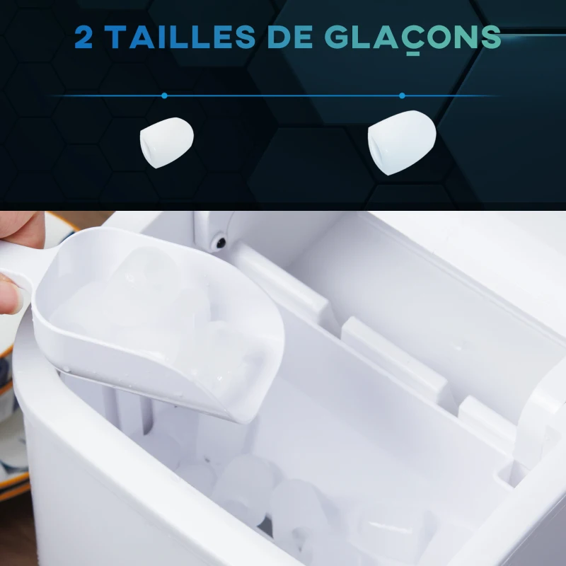 HOMCOM Machine à glaçon portative capacité réservoir eau 1,5 L autonettoyante pelle à glace et panier inclus jusqu'à 12kg/24h PP acier blanc