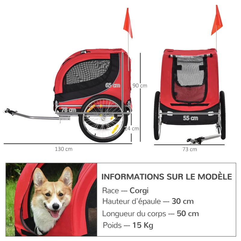 HOMCOM Remorque velo pour chien animaux avec 8 reflecteurs drapeau rouge noir