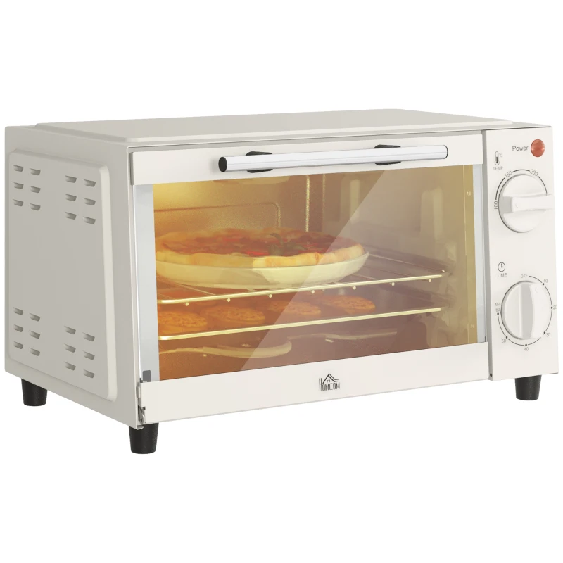 HOMCOM Minibackofen, 9 L Mini-Ofen mit Backblech, Grillrost, mit einstellbarer Temperatur und Garzeit, Edelstahl, Cremeweiß(m-10)