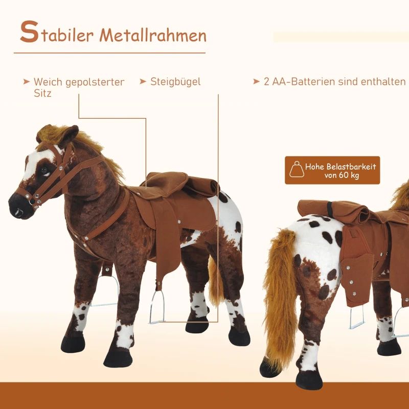 HOMCOM Reitpferd Spielpferd zum Reiten Stehpferd mit Sattel, Sound, Steigbügel Plüschpferd für Kinder ab 2 Jahren Braun
