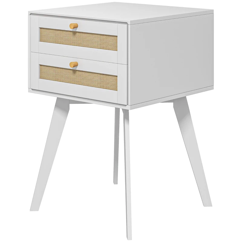 HOMCOM Mesilla de Noche Blanca Mesita de Noche con 2 Cajones Estilo Cannage Mesita Auxiliar Pequeña 40x40x60 cm