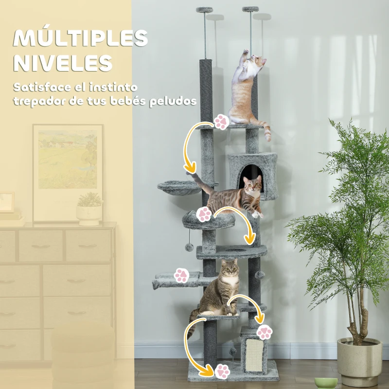 PawHut Árbol para Gatos de Suelo a Techo de 225-255 cm con Altura Ajustable Plataformas Cueva Cama Hamaca Rampa Bolas Gris