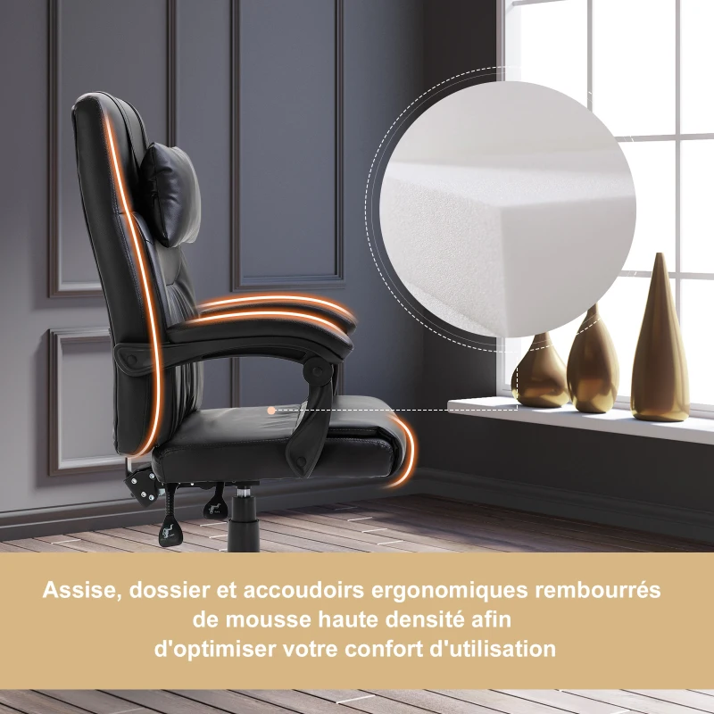 HOMCOM Fauteuil de bureau chaise pour ordinateur ergonomique appuie-tête de massage vibrant pivotant 360° réglable roulettes 64 x 63 x 113-121 cm noir