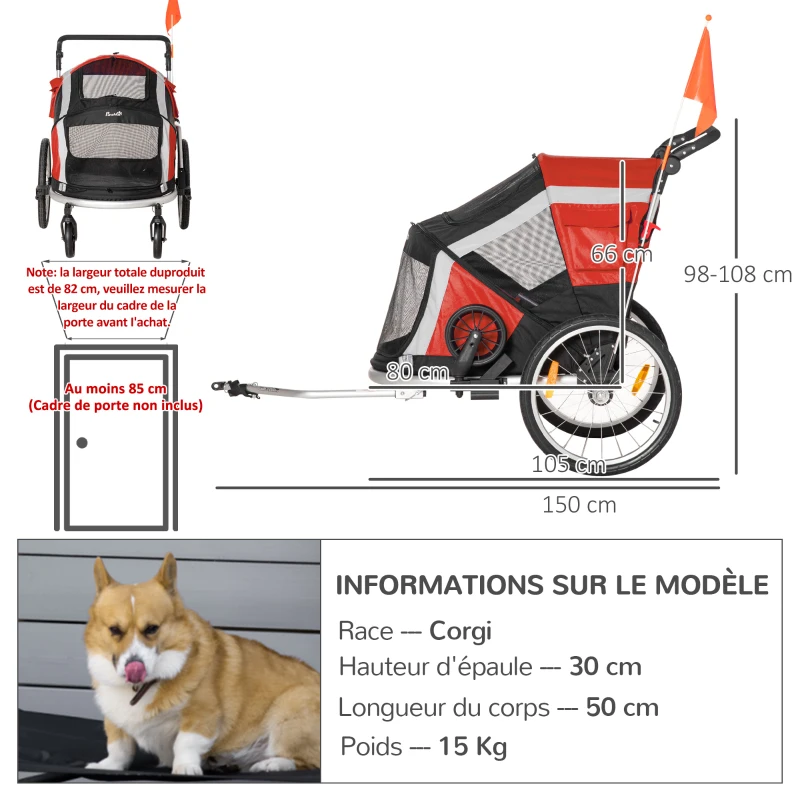 PawHut Remorque à vélo pour chien convertible jogger 2 en 1 pour animaux avec drapeau réflecteurs roues arrières gonflables aluminium