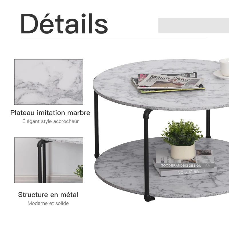 HOMCOM Table Basse Ronde avec étagère dim. Ø 80 x 45H cm Panneaux Particules Imitation marbre Blanc métal Noir