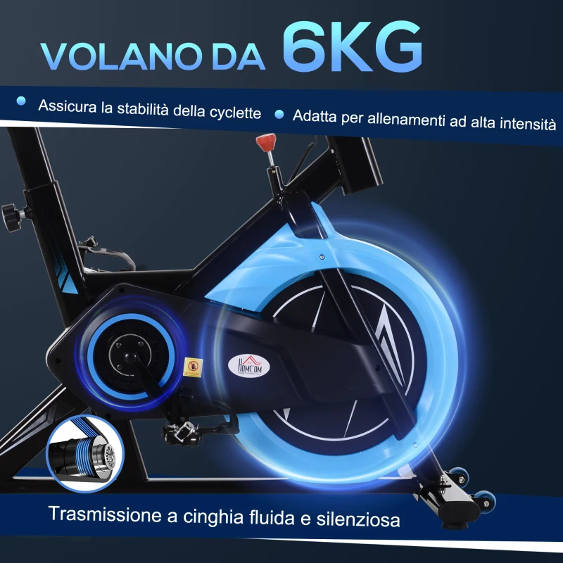 HOMCOM Cyclette da Camera con Trasmissione a Cinghia, Cyclette Professionale con Manubrio e Sellino Regolabili, Volano 6kg, Schermo LCD, Fino a 120kg, Nero e Azzurro