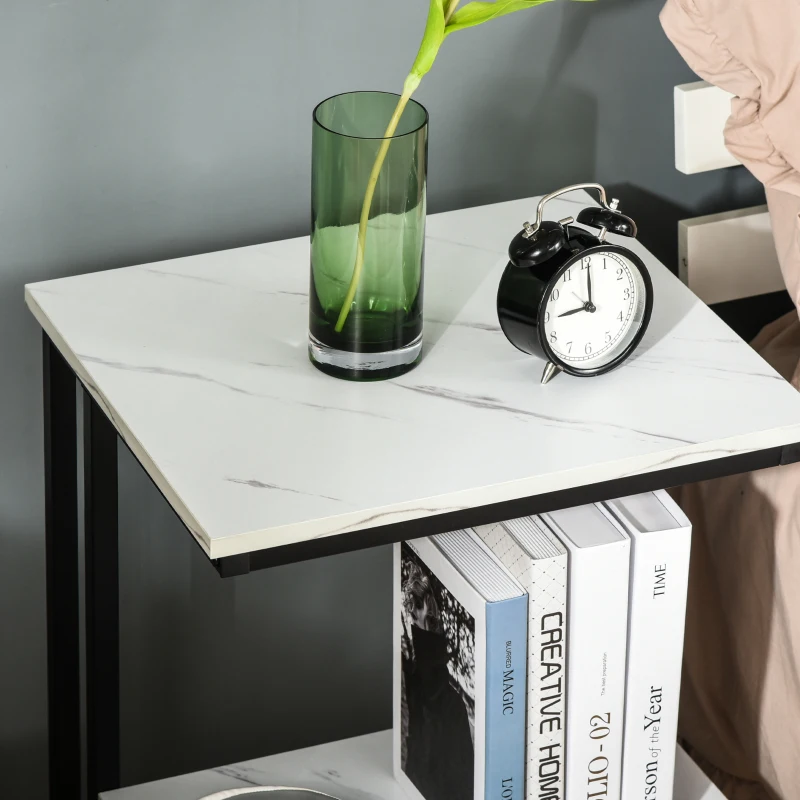 HOMCOM Mesa Auxiliar para Salón Mesa Lateral con 2 Estantes de Almacenaje y Estructura de Acero Superficie Imitación Mármol Estilo Moderno 45x40x61,5 cm Blanco