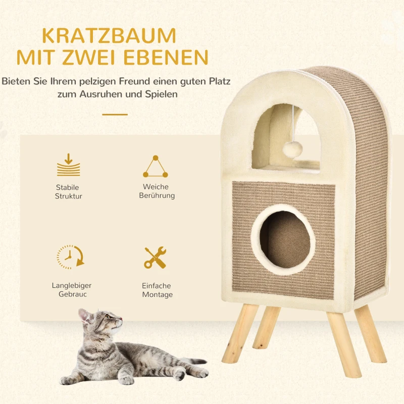 PawHut Kratzbaum Katzenhöhle Katzenkratzbaum Kratztonne mit kratzbrett Spielbällen katzenbett Kratzmatte mehrstöckig Spanplatte Plüsch Sisal Kaffee 40 x 34 x 91 cm