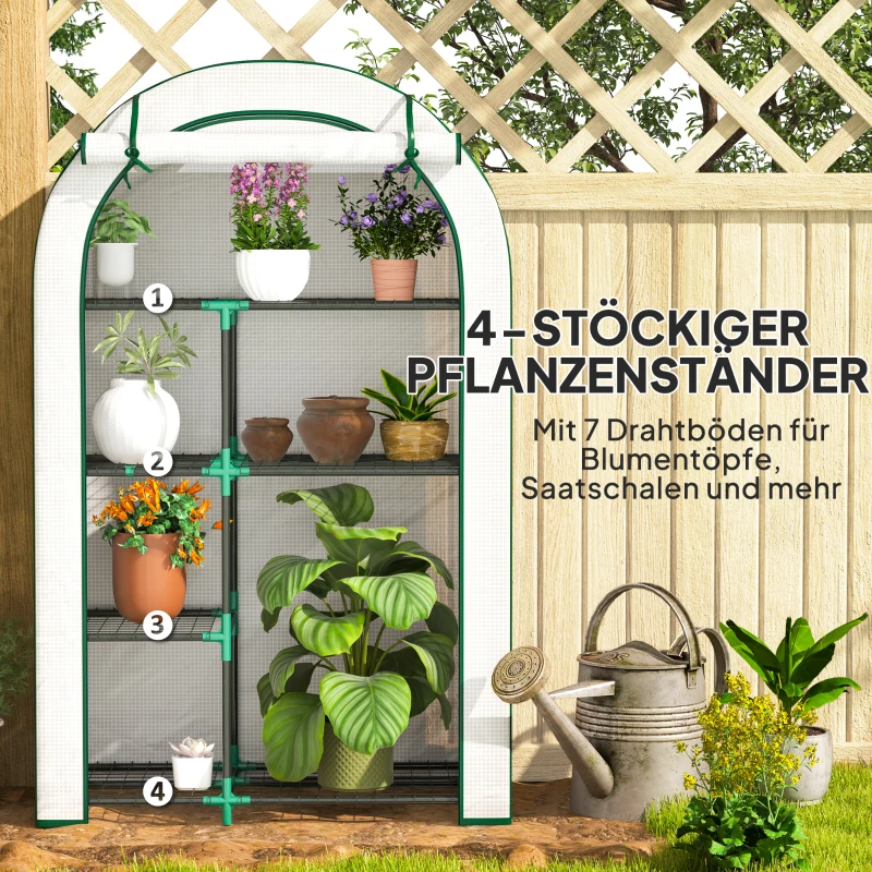 Outsunny Mini-Gewächshaus, 4-stufiges Gewächshaus mit Kunststoff-Plane, tragbar, Rolltür, 100 x 45 x 160 cm, Weiß