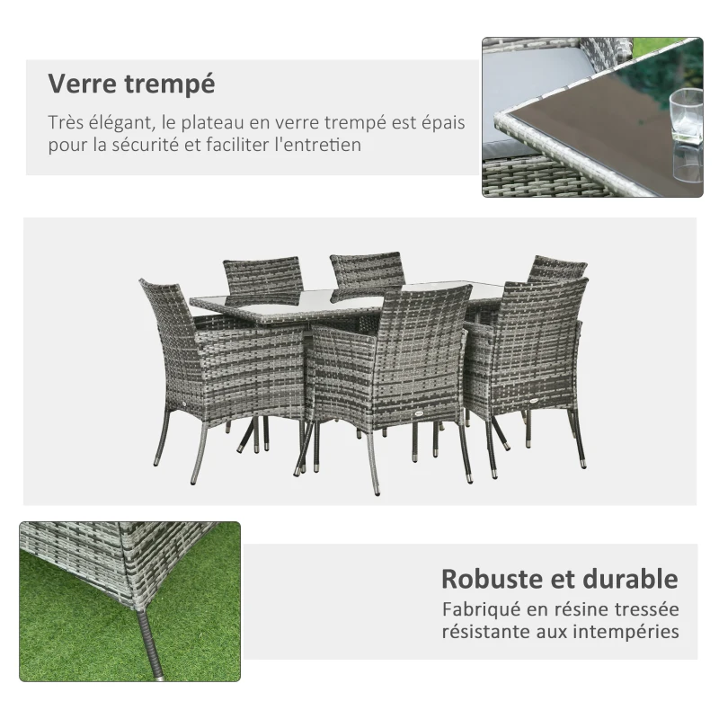 Outsunny Ensemble Salon de Jardin 6 Personnes - Grande Table rectangulaire, 6 fauteuils - 6 Coussins d'assise déhoussables Inclus - métal époxy Verre trempé 5 mm résine tressée Grise