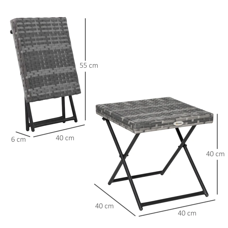 Outsunny Mesa de Terraza Exterior de Ratán PE Plegable con Patas Cruzadas y Marco de Acero para Patio Balcón 40x40x40 cm Gris